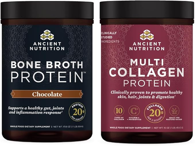 Ancient Nutrition Multi Collagen Protein Powder Unflavored 45 Servings + Bone Broth Protein Powder Chocolate 20 Servings