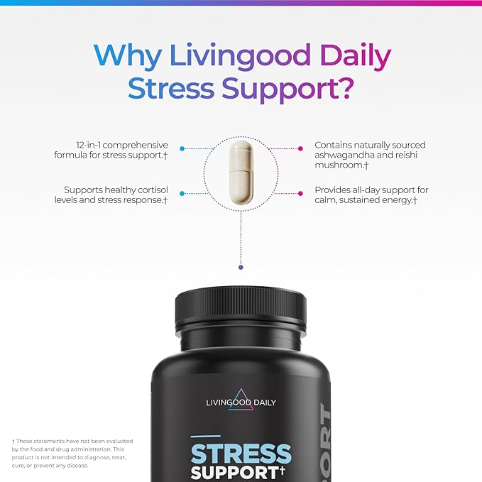 Livingood Daily Stress Support 12-in-1 Supplement with Ashwagandha Reishi Mushroom Vitamin B6 Adaptogenic Herbs &amp Magnesium Supports Mood &amp Calm Gluten Free Vegan 60 Vegetarian Capsule
