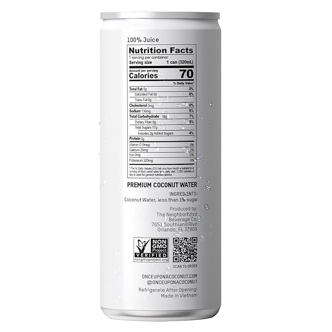 Once Upon a Coconut Premium Coconut Water - Low Calorie All-Natural Drink with Electrolytes - Non-GMO - Gluten-Free - 10.8 Fl Oz (Pack of 12)
