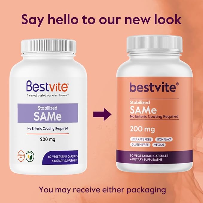 BESTVITE SAM-e 200mg Stabilized (60 Vegetarian Capsules) - Easy to Swallow Capsule Form - No Enteric Coat Needed - No Titanium Dioxide - No Stearates - Vegan - Non GMO - Gluten Free
