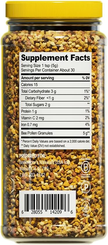 Beekeeper's Naturals - 100% Raw Bee Pollen Granules Natural Preserved Enzymes Source of Vitamin B Minerals Amino Acids &amp Protein - Paleo &amp Keto Friendly Gluten Free (5.2 oz)