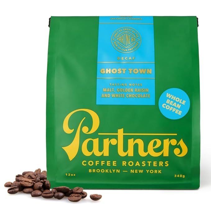 PARTNERS COFFEE ROASTERS - Whole Bean Coffee (Ghost Town - Decaf Medium Roast) 12oz - Decaf Coffee Mountain Water - Whole Coffee Beans - Lab Tested for Mycotoxins &amp Heavy Metals - Hand Roasted i