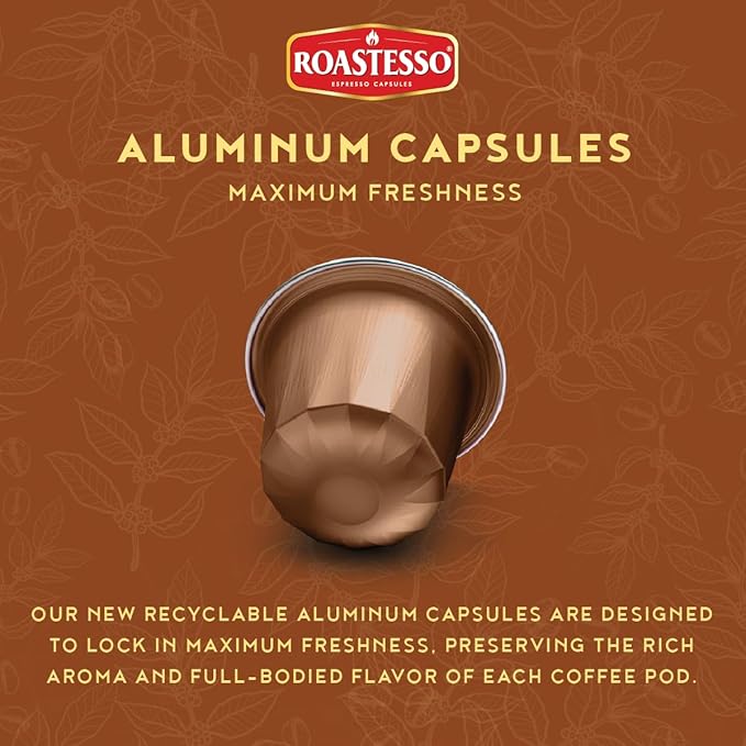 Roastesso Aluminum Espresso Capsules Natural Hazelnut Flavored Coffee Compatible with Nespresso Original Machines Medium Roast Intensity 7 Recyclable Coffee Pods Packed in USA (40 Count)