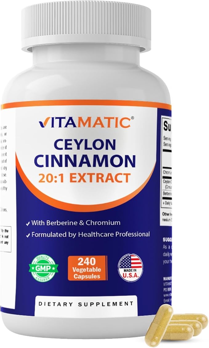 Vitamatic Ceylon Cinnamon &amp Berberine with Chromium – Plant-Based Botanical Extract – Vegetable Capsules – Non-GMO Gluten-Free – Concentrated Herbal Supplement – 240 Capsules
