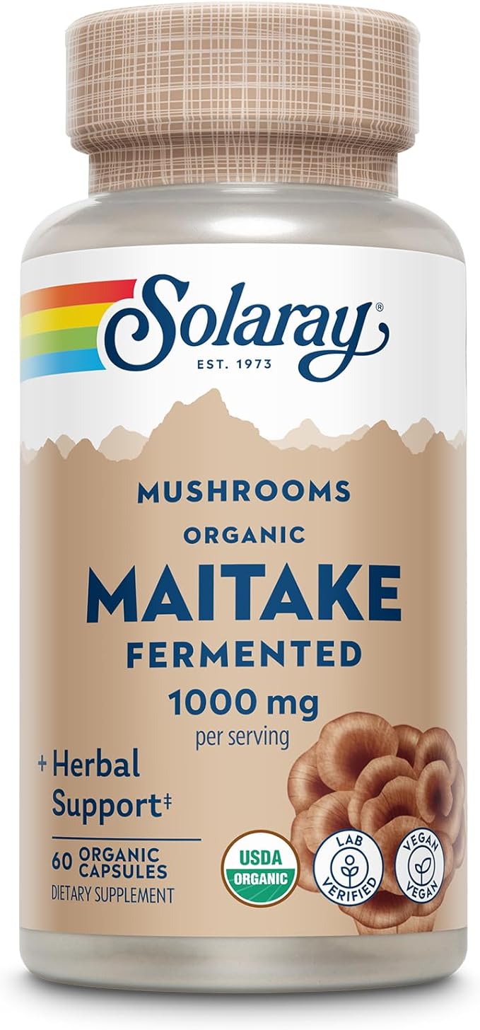 SOLARAY Organic Fermented Maitake Mushroom Supplement 1000mg - Herbal Adaptogens - Powerful Mushrooms for Health and Wellness Support - Vegan Gluten Free 60-Day Guarantee 30 Servings 60 VegCaps