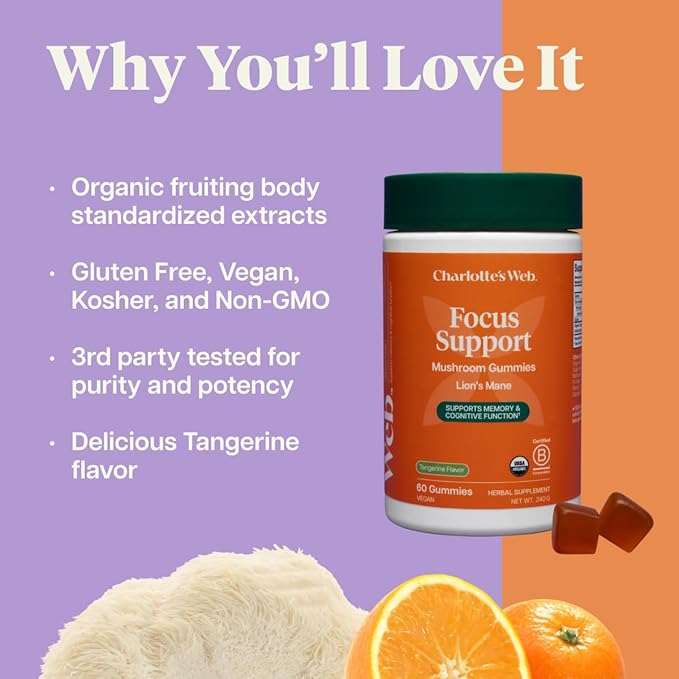Charlotte's Web Focus Support Mushroom Gummies for Focus and Energy w/Lion’s Mane Natural Cognitive Support Lions Mane Gummies for Adults — Tangerine Flavor (30 Servings)