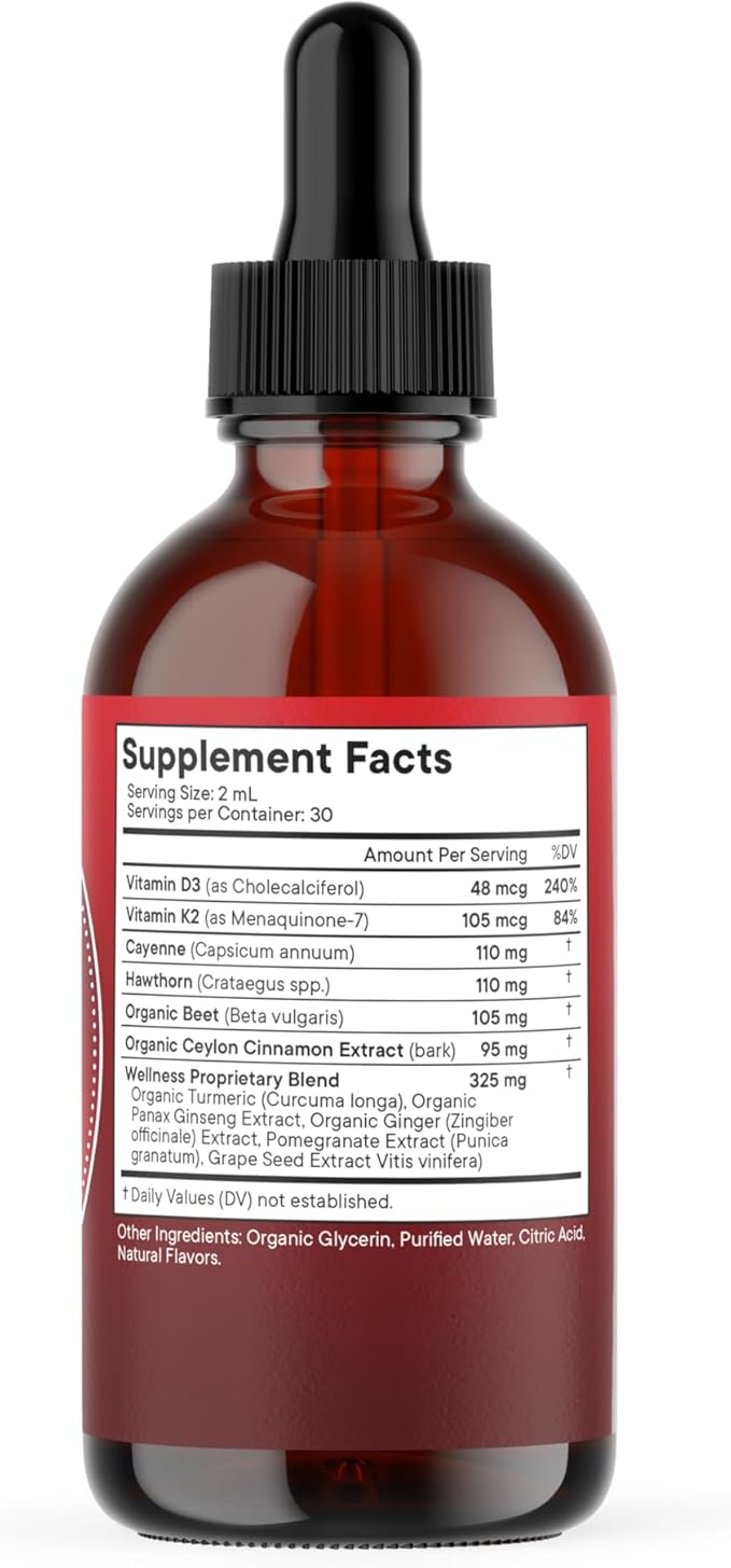 Cayenne Pepper Supplement Liquid Drops + Hawthorn Berry Vitamin D3 K2 Beet Root Powder Ceylon Cinnamon Turmeric Curcumin Organic Panax Ginseng - 6 OZ