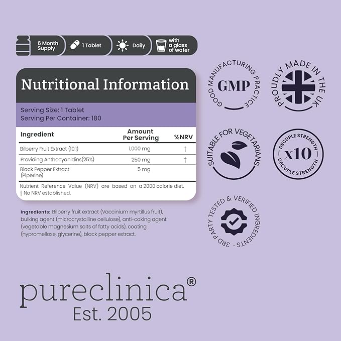 pureclinica Bilberry Extract 10000mg x 360 Tablets (2 Bottles) - 10 X More Anthocyanidins per Tablet Than Most Others - and 5mg Black Pepper Extract for 300% Increased Absorption