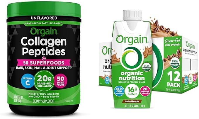 Bundle of Orgain Hydrolyzed Collagen Powder + 50 Organic Superfoods 20g Grass Fed Collagen 1lb + Orgain Organic Nutritional Protein Shake Iced Café Mocha 16g Grass Fed Whey Protein 11 Fl Oz (12 Pack)
