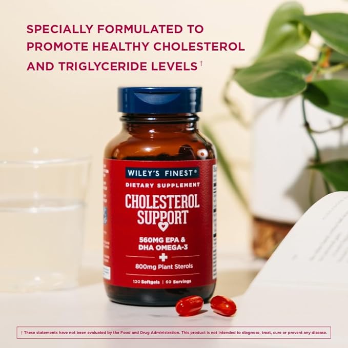 Wiley's Finest Wild Alaskan Fish Oil Cholesterol Support - Heart Health Supplement for Men and Women - 560mg Omega-3s - 120 Softgels (60 Servings)