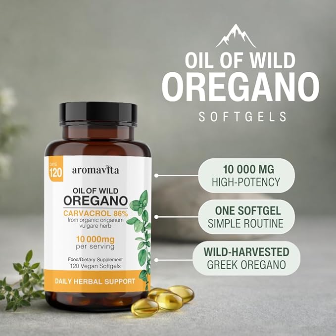 Vegan Wild Oregano Oil Capsules Organic 86-90% Carvacrol - 10000 mg Oil of Oregano per Softgel - Immune and Digestive Support Natural Antioxidant Vegan Non GMO 120 Capsules