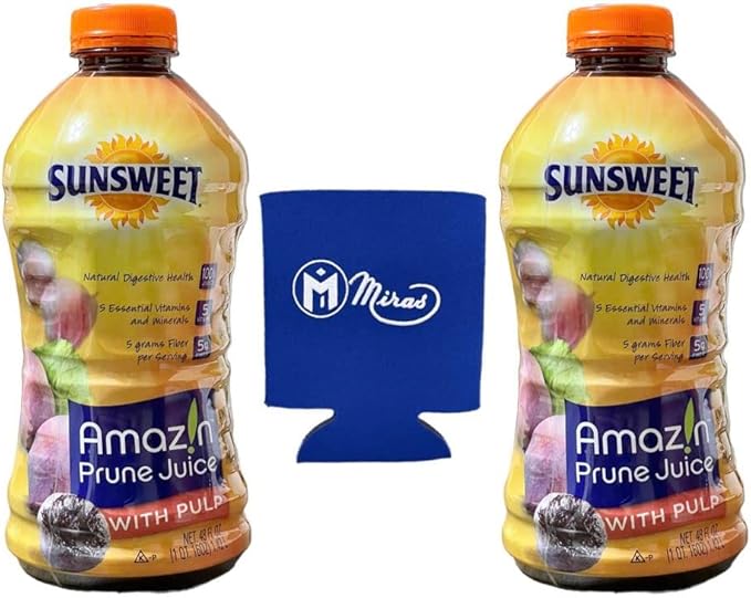 (Pack of 2) Sunsweet Amazin Prune Juice with Pulp 48 Fl Oz (Miras Trademark Foam Can Cooler Included!)