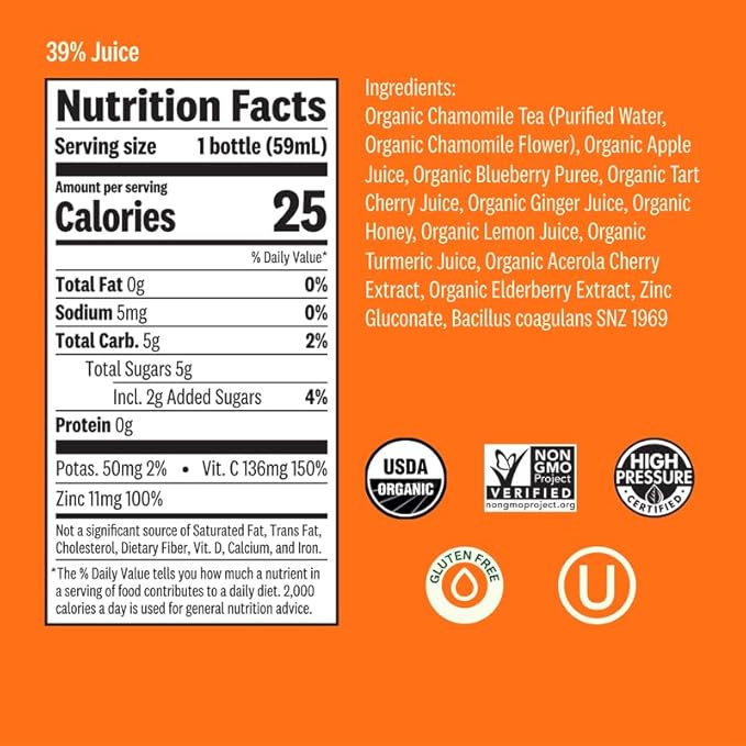 Suja Organic Immunity Elderberry Shot with Turmeric and Ginger | Immunity Boost &amp Support | Functional Shots | Cold-Pressed Juice with Live Probiotics | Plant-Based &amp Gluten-Free (20 Pack)
