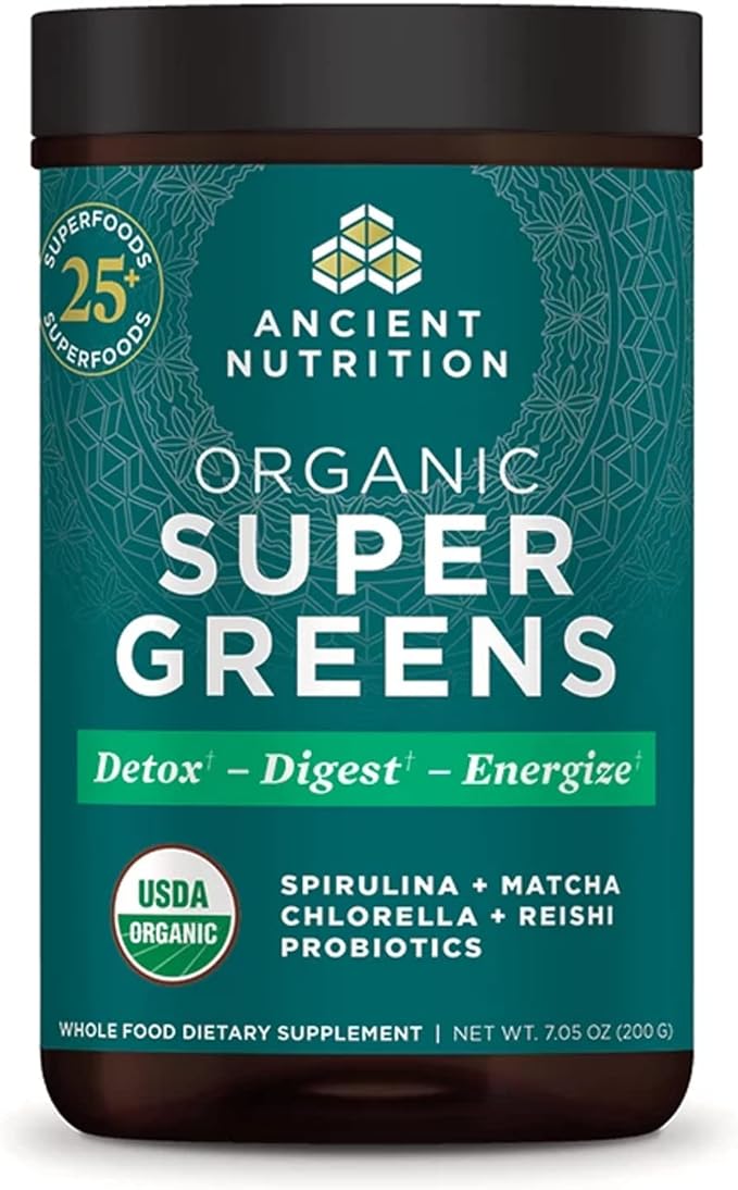 Ancient Nutrition Super Greens Powder Organic Superfood Powder with Probiotics Made with Spirulina Chlorella Matcha and Digestive Enzymes 25 Servings 7.05oz