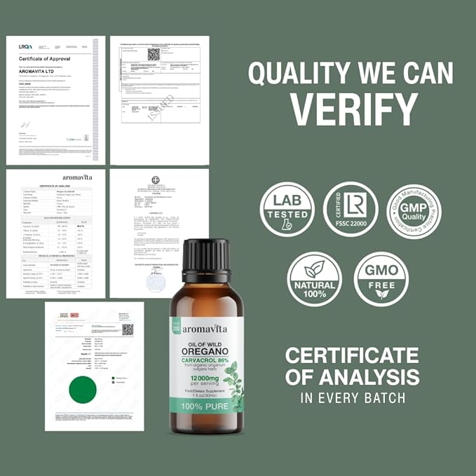 Wild Oregano Oil Organic - 100% Pure Undiluted Organic Wild Oregano Oil with 86-90% Carvacrol Immune Support - Plant-Based Herbal Supplement - Vegan Non GMO Gluten Free 1fl.oz/30ml
