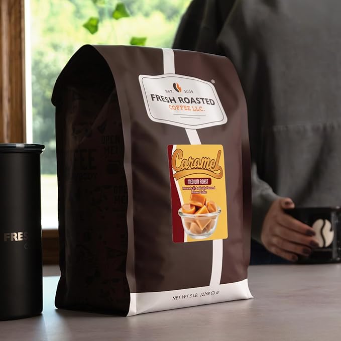 Fresh Roasted Coffee Caramel Flavored Coffee 5 lb (80 oz) Medium Roast Kosher Ground
