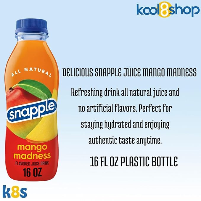 Snapple Mango Madness All Natural Fruit Juice 16 fl oz Plastic Bottle 16 Pack + 15 Sugarcane Disposable Straws by KOOL8SHOP Infinite Deals