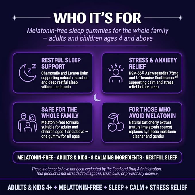 Family Sleep Gummies for Adults &amp Kids – Melatonin-Free Cherry Flavor – Vegan Sugar-Free Natural Calming Blend with Magnesium L-Theanine Chamomile &amp Ashwagandha – 60 Gummies