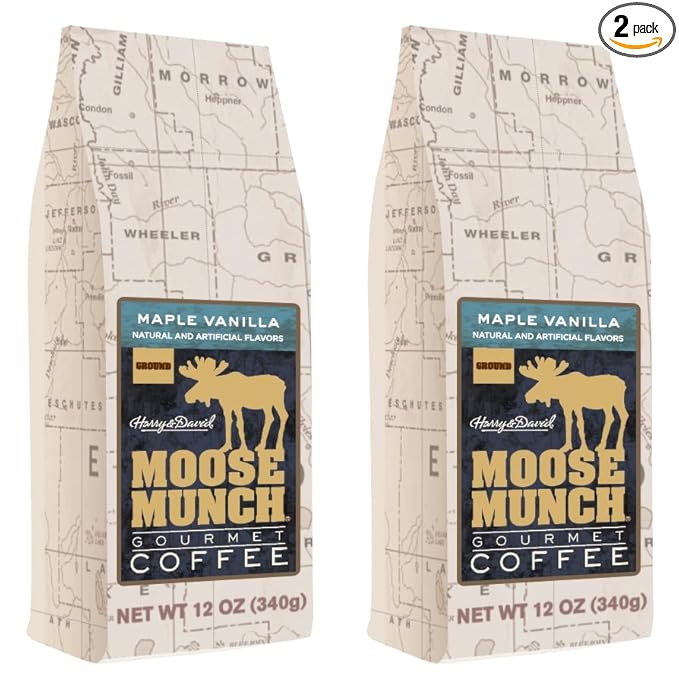 Moose Munch Maple Vanilla Ground Coffee – 2 Pack 12 oz Bags – Smooth Maple Sweetness with Vanilla Flavored Medium Roast Coffee