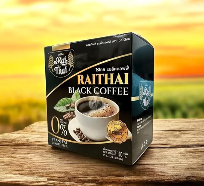 RAITHAI Black Coffee - Sugar-Free Cholesterol-Free Trans Fat-Free Instant Coffee Blend with Botanical Extracts - 20 Sachets (5g each)