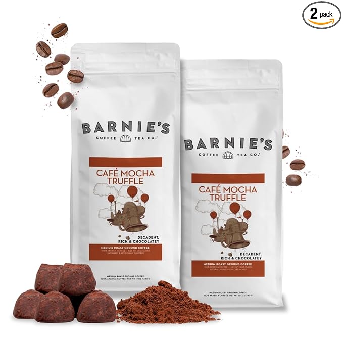 Barnie's Café Mocha Truffle Ground Coffee Decadent and Rich Chocolate Flavor Medium Roasted Arabica Coffee Beans Sugar Free and Nut Free 12 oz Bag (Pack of 2)