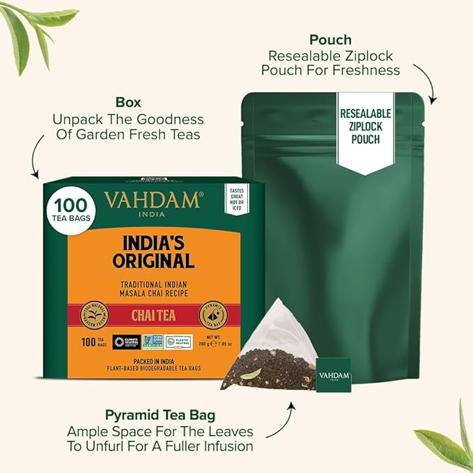 VAHDAM India's Original Masala Chai Tea Bags (100 Count) No Added Flavoring | Blended w/Exotic Spices | Whole Leaf Tea Bags | Resealable Ziplock Pouch