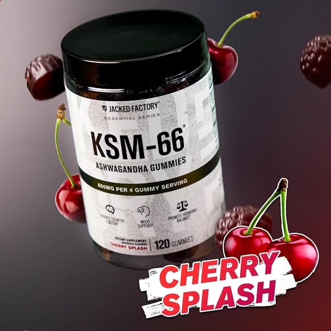 Jacked Factory Ashwagandha Gummies - KSM 66 Ashwagandha Gummies (600mg Per Serving) - Enhance Cognitive Function Boost Mood and Promote Hormonal Balance - 120 Gummies Cherry Splash