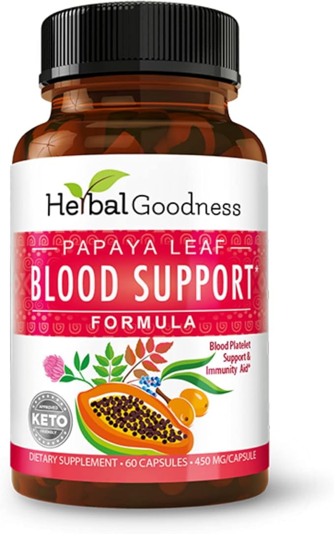 Herbal Goodness Papaya Leaf Blood Support Capsules - Platelet &amp Bone Marrow Health Immunity Support &amp Blood Cleanse - 60/450mg Veggie Capsules (1 Bottle)