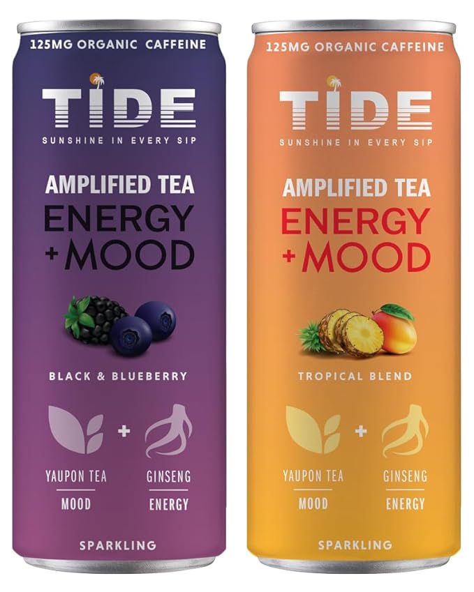 TIDE Yaupon Premium Brewed Tea Variety Pack Clean Energy Drinks Ginseng Real Fruit Juice &amp Organic Green Tea for Mood &amp Energy Boost Low Calorie Black &amp Blueberry &amp Tropical 12