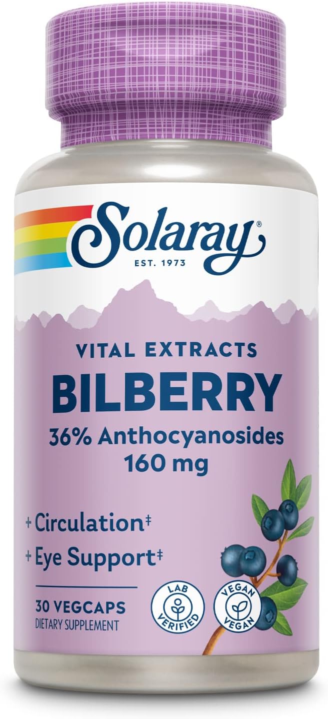SOLARAY Bilberry Extract 160 mg Eye Health &amp Circulation Support 36% Anthocyanosides Plus Blueberry Vegan 30 VegCaps
