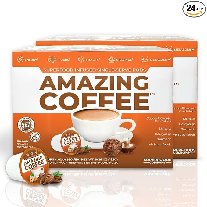 Superfoods Company Amazing Coffee- 12 Natural Superfoods - French Roast - Weight Loss &amp Brain Boost - Gluten Free Non-GMO Sugar Free Vegan &amp Keto Friendly [48 Pods] [Cocoa]