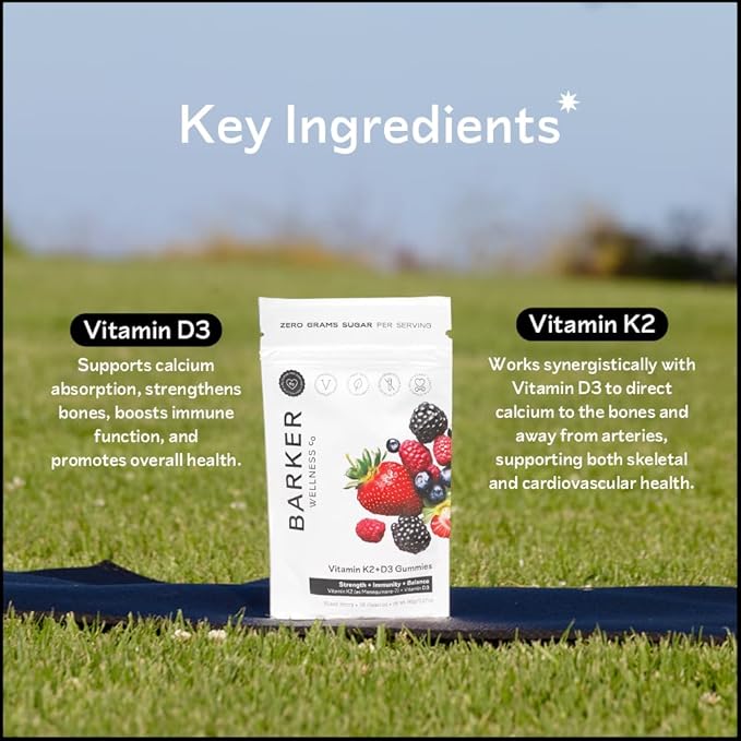 Barker Wellness D3 K2 Vitamin Gummies – Max Potency 6000IU D3 + 200mcg K2 for Strong Bones Cardiovascular Wellness Immune Support | Vegan Sugar-Free Delicious Mixed Berry | 30 Servings