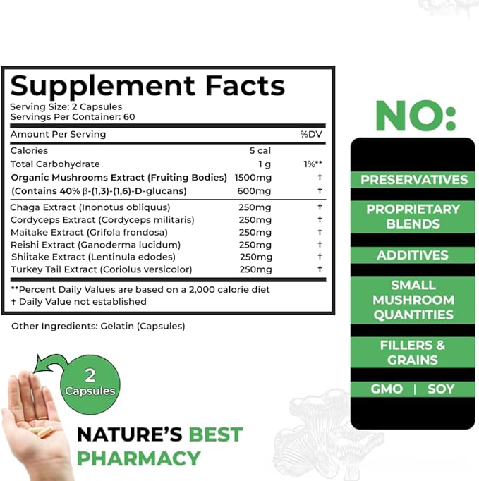 Cancer Sciences Organic Mushroom Supplement Capsules - 1500mg Non-GMO Wellness Mushroom Complex 40% Beta-Glucans -Turkey Tail Reishi Cordyceps Chaga Extract for Brain &amp Immune Support 120 Caps