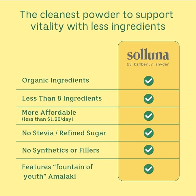Solluna by Kimberly Snyder Greens Superfood Powder with Spirulina Cordyceps Chlorella Moringa Ashitaba Amalaki Monk Fruit — Vitamins &amp Minerals for Energy &amp Mood (30 Serv) Vegan &amp No