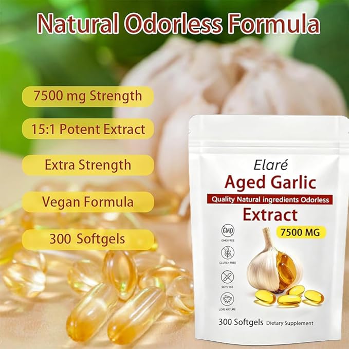 Elare Aged Garlic Extract Capsules 7500mg Odorless - 300 Count Garlic Supplement 2-Year Matured - for Heart &amp Immune Support Non-GMO Gluten-Free