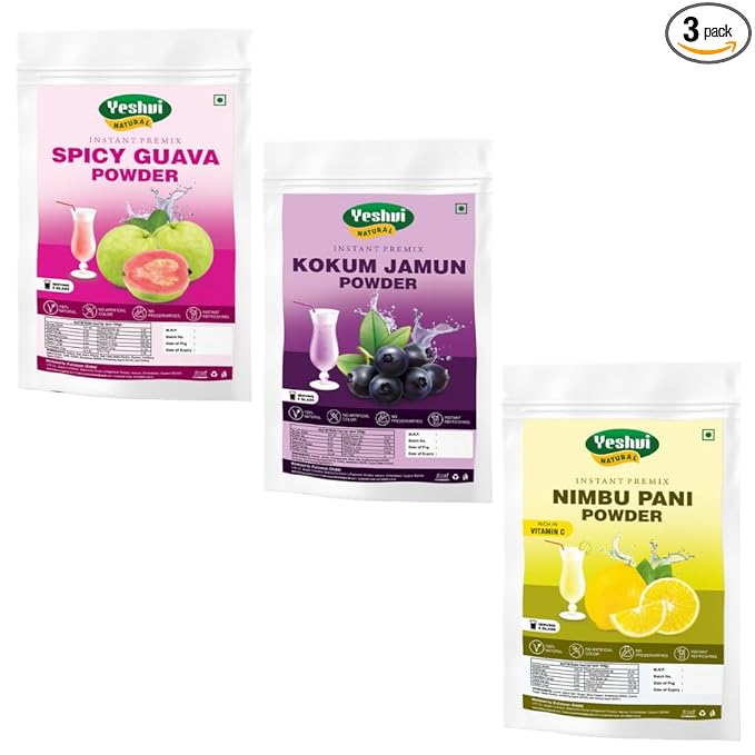 Yeshvi NATURAL Spicy Guava &amp Kokum Jamun Fruit Juice Powder With Nimbu Pani Combo Pack Instant Drink Mix 300gm