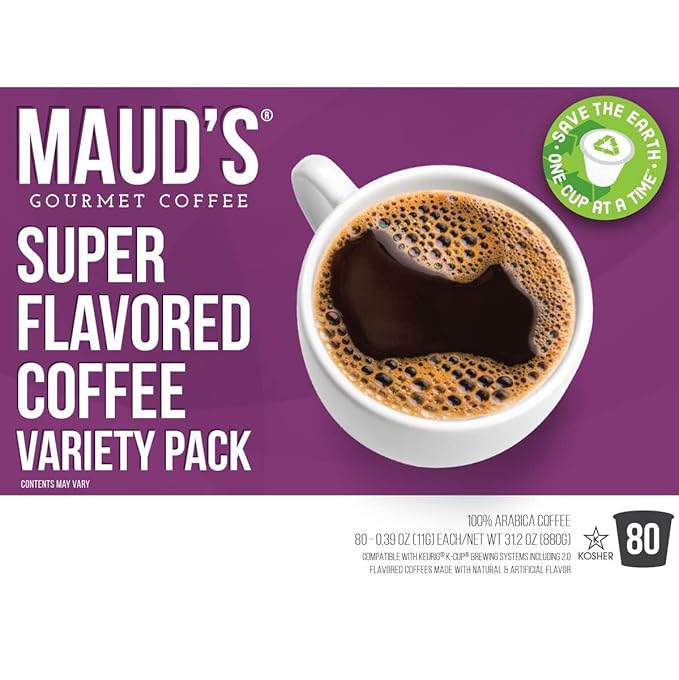 Maud's Super Flavored Coffee Pods Variety Pack 80 ct 16 Assorted Flavors Medium Roast Flavored Coffee in Single Serve Pods – 100% Arabica Beans Compatible with Keurig K Cups Maker