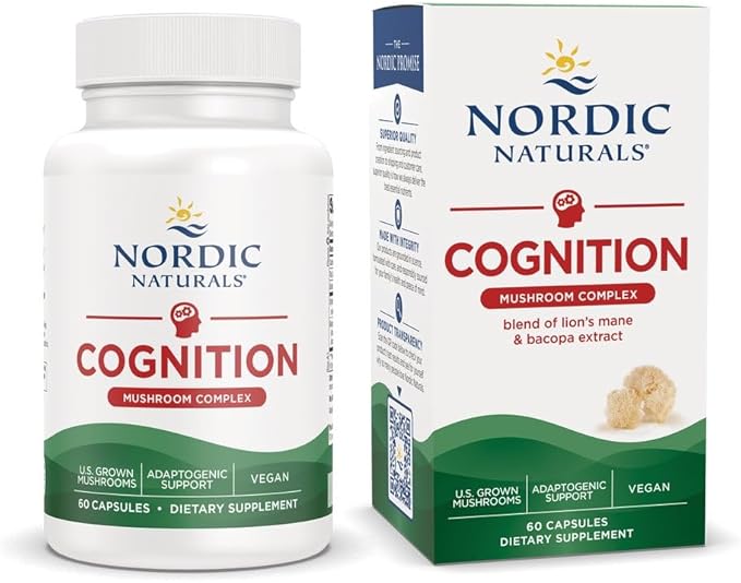 Nordic Naturals Cognition Mushroom Complex Unflavored - 60 Capsules - Brain Memory &amp Mood Support - Blend of Lion’s Mane Mushroom &amp Bacopa Extract - Non-GMO - Certified Vegan - 30 Servings