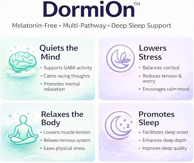 DormiOn™ Sleep + Restore + Stress Supplement Herbal Sleep Aid for Women &amp Men. No-Melatonin Non-Habit Forming. Clinically-Proven Ashwagandha GABA Valerian &amp Magnesium. Vegan &amp Non-Grog