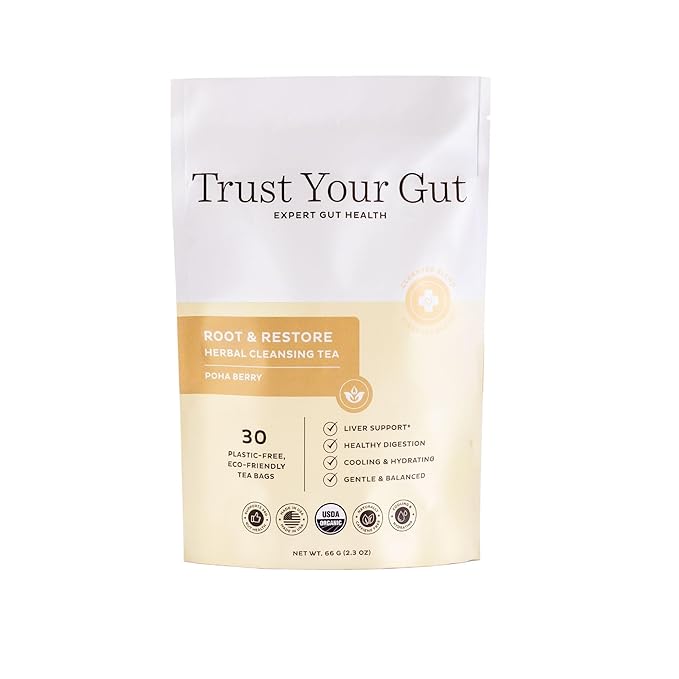 Trust Your Gut Organic Root &amp Restore Herbal Caffeine-Free Tea Liver Cleansing Tea Blend with Burdock Root Chamomile Dandelion Licorice for Gut &amp Lymphatic Health Support 30 Plastic-Free