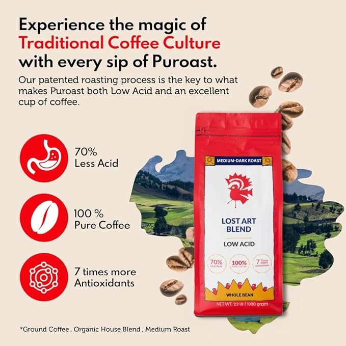 Puroast Low Acid Coffee Whole Bean | Lost Art Whole Bean | Medium Roast | High Antioxidants &amp High pH |No Bitter Aftertaste | Reduced Heartburn &amp GERD | Suitable for Cold Brew - 2.2 LB