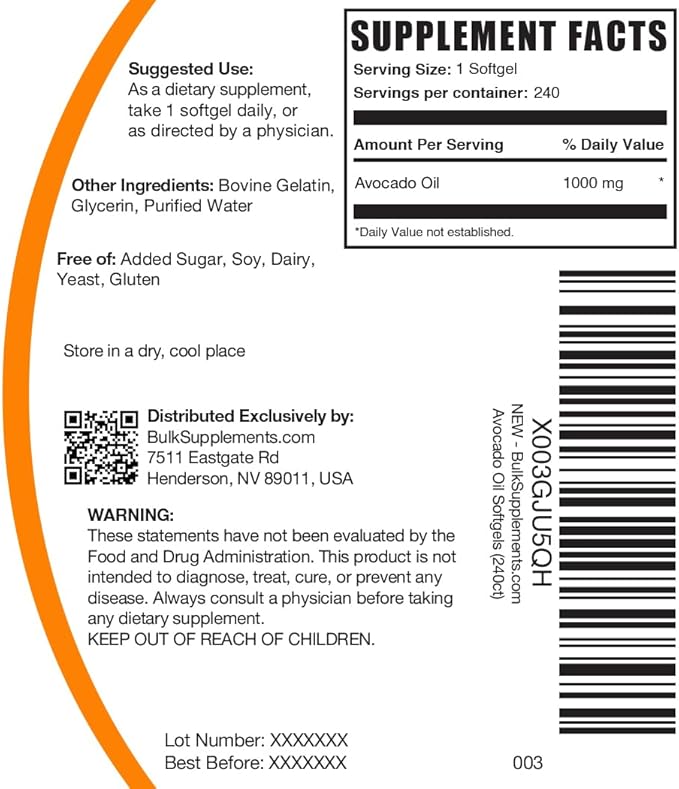 BulkSupplements.com Avocado Oil 1000mg Softgels - Avocado Oil Supplement Avocado Oil Capsules Avocado Oil Pills - Gluten Free &amp Soy Free 1 Avocado Oil Softgel per Serving 240 Softgels