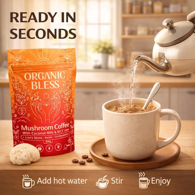 Organic Bless Instant Mushroom Coffee Powder – Organic Lion’s Mane Reishi &amp Cordyceps Blend for Energy Focus &amp Clarity – Adaptogenic Coffee with Coconut Milk &amp MCT Oil – 30 Servings