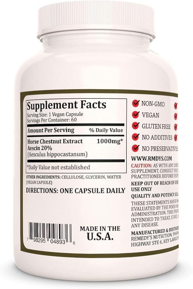 Remedy's nutrition Horse Chestnut Extract Aescin 20% - 1000mg 60 Vegan Capsules Herbal Dietary Supplement - 2 Month Supply