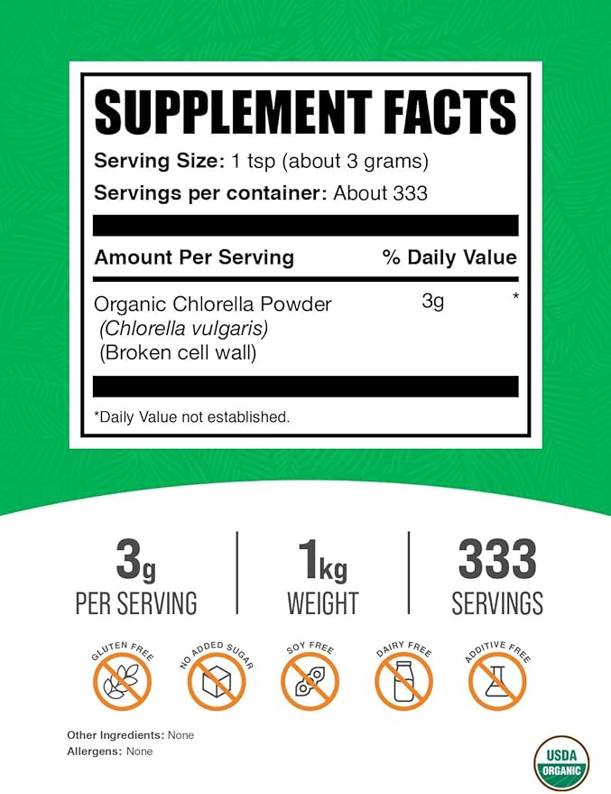 BulkSupplements.com Organic Chlorella Powder - Broken Cell Wall Green Superfood Powder Chlorella Supplement - Gluten Free 3g per Serving 1kg (2.2 lbs) (Pack of 1)