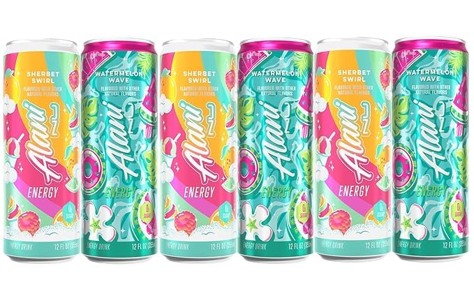 New Alani Energy Drink Sherbet Swirl &amp Watermelon Wave – 200mg Caffeine | Antioxidants | Biotin B Vitamins | Zero Sugar | 15 Calories or Less | 12 Oz Cans | (6 Cans – 3 of Each Flavor)