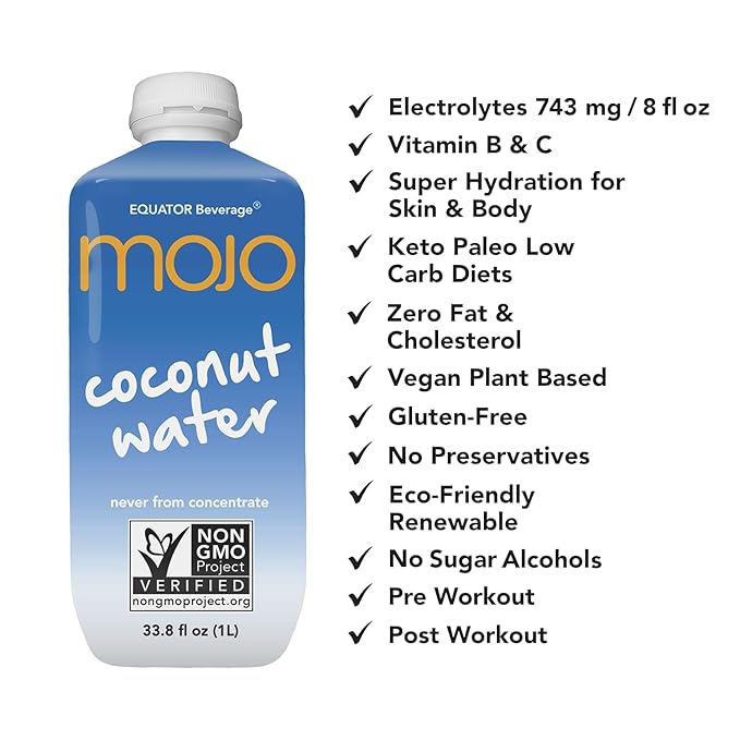 MOJO Coconut Water | Hydration Drink &amp Sports Drink | Electrolytes Beverage 1043 mg | Vitamin B &amp C | Hydration Drink for Skin &amp Body | 33.8 Oz (Pack Of 6)