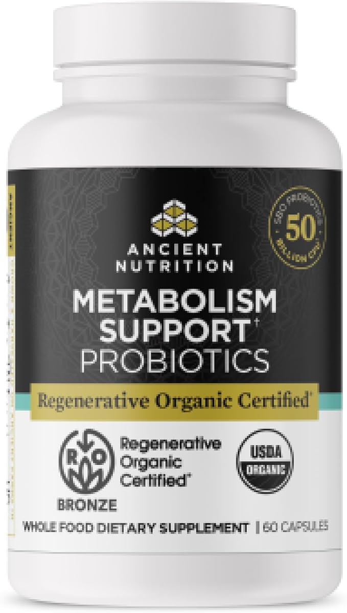 Ancient Nutrition Regenerative Organic Certified Probiotics for Metabolism Support Healthy Digestion and Immune System Function Support 50 Billion CFUs* Per Serving 60 Count