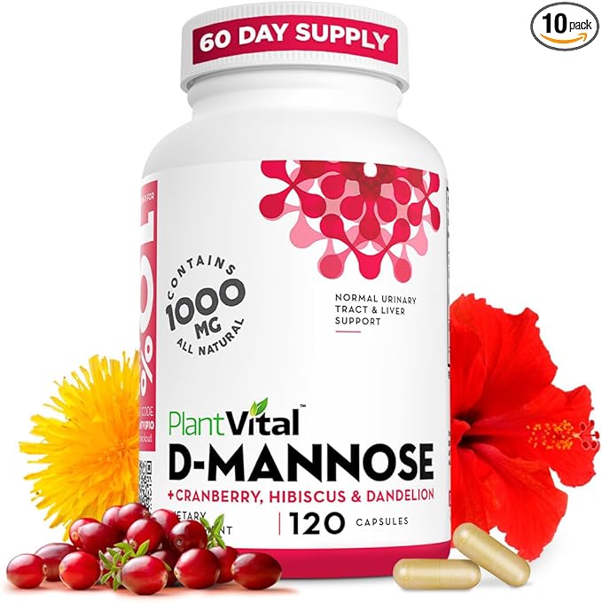 Plantvital D Mannose Capsules with Cranberry - D-mannose 1000mg Capsules - High Potency for Bladder Kidney and Urinary Tract Support. Cranberry Powder with Hibiscus and Dandelion. 2 Months Supply