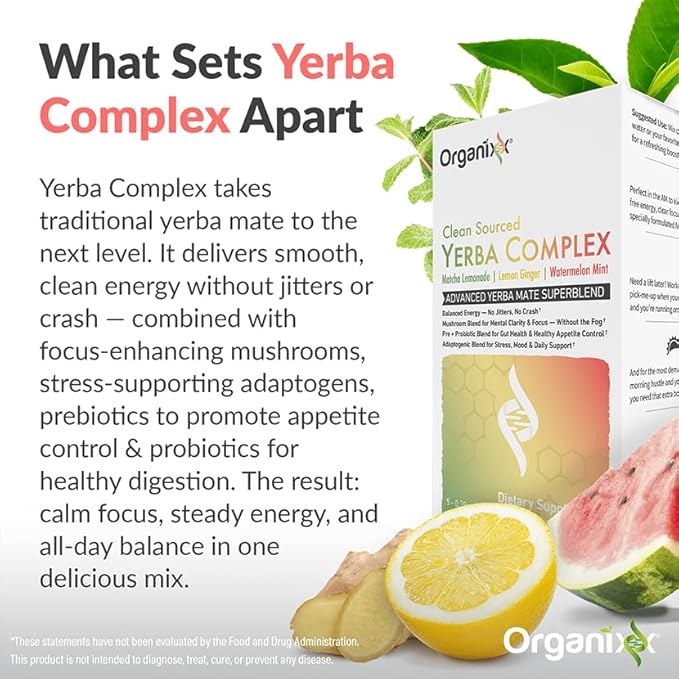 Organixx Clean Sourced Yerba Complex Yerba Mate Superblend Powder Drink Mix with Ashwagandha Natural Caffeine Pre &amp Probiotics &amp Fiber Dairy and Gluten Free Variety Pack 15 Travel Packe